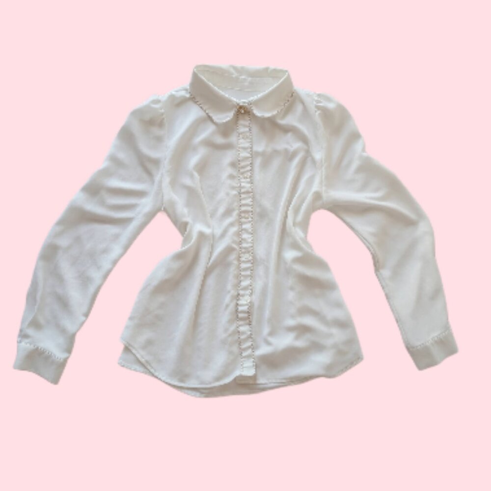 Ode White Pearl Button Gold Trim Blouse